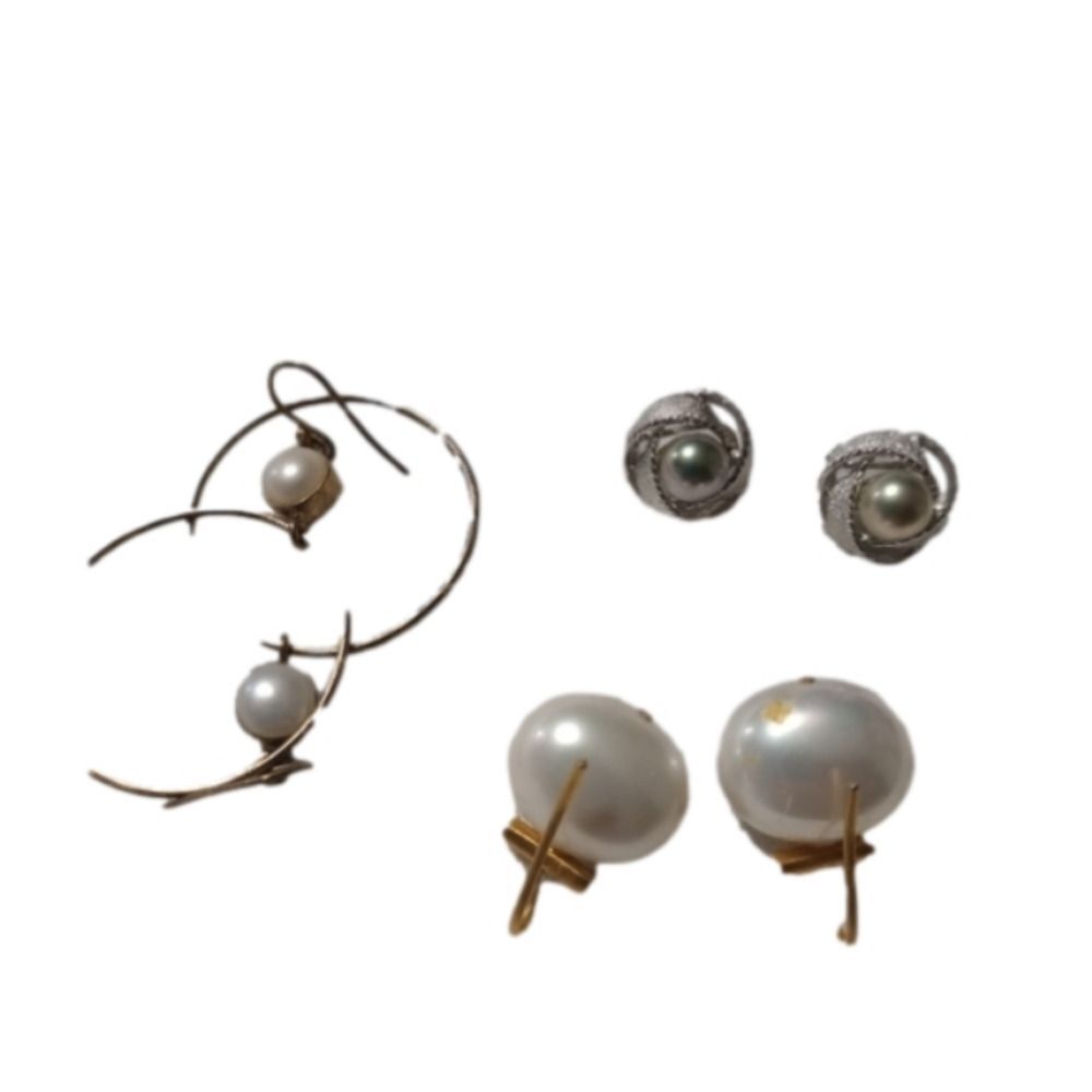 Vintage Pierced Earrings Faux Pearl Silver Gold Tone Set of 3 (E007)